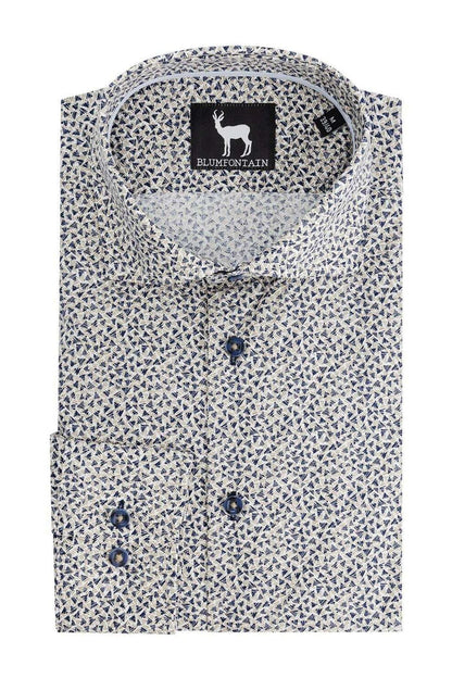 Blumfontain triangel print beige-navy Ademend katoenen overhemd met triangel print