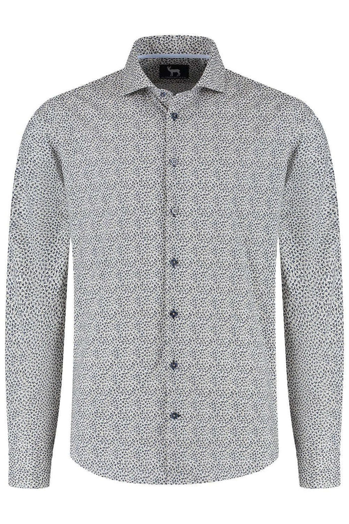 Blumfontain triangel print beige-navy Ademend katoenen overhemd met triangel print.
