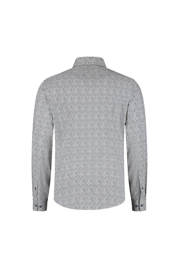 Blumfontain triangel print beige-navy cotton shirt back view with unique triangle pattern.