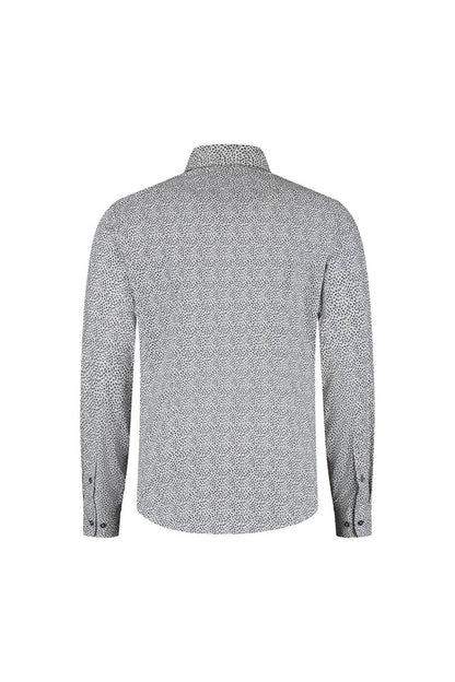 Blumfontain triangel print beige-navy cotton shirt back view with unique triangle pattern.
