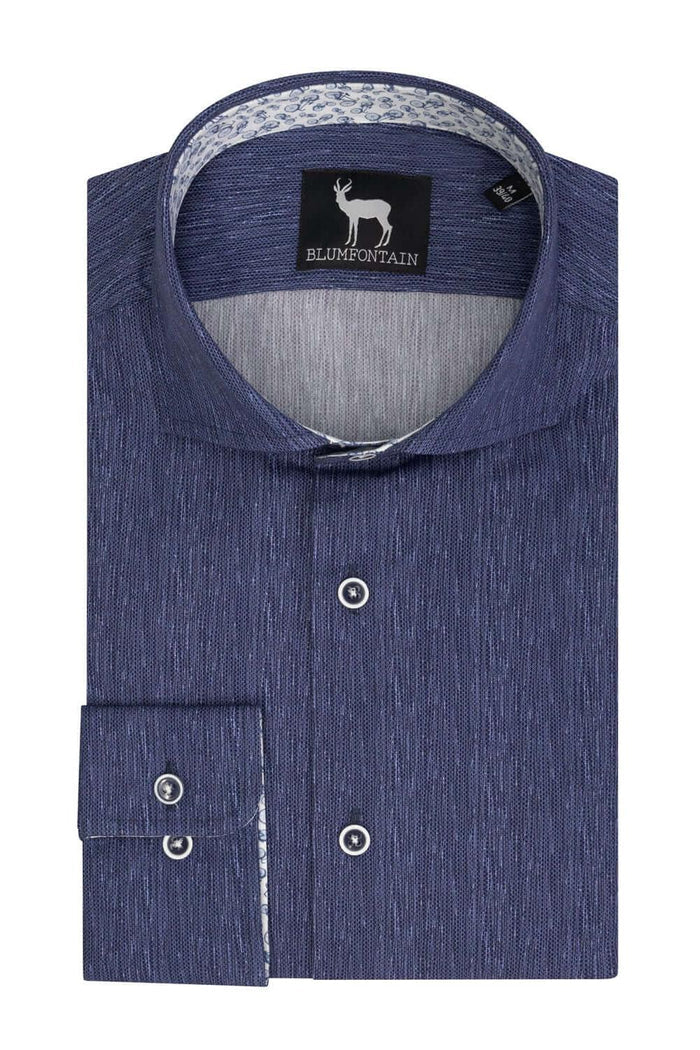 Blumfontain uni linnenlook katoenen overhemd in blauw, ademend en non-iron, met moderne uitstraling.
