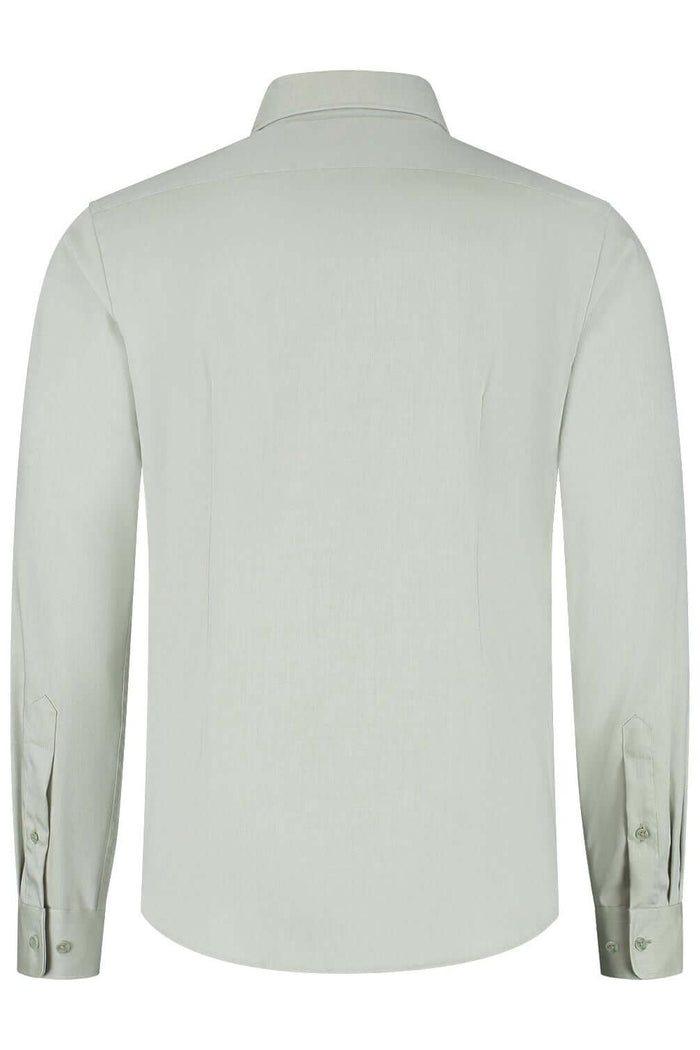 Blumfontain  uni twill groen katoenen overhemd met nette kraag en verstelbare manchetten, achterkant.
