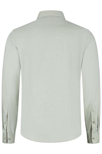 Blumfontain  uni twill groen katoenen overhemd met nette kraag en verstelbare manchetten, achterkant.