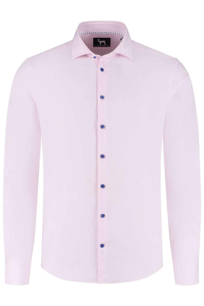 Blumfontain uni twill roze, roze overhemd met blauwe knopen, klassieke kraag en lange mouwen.
