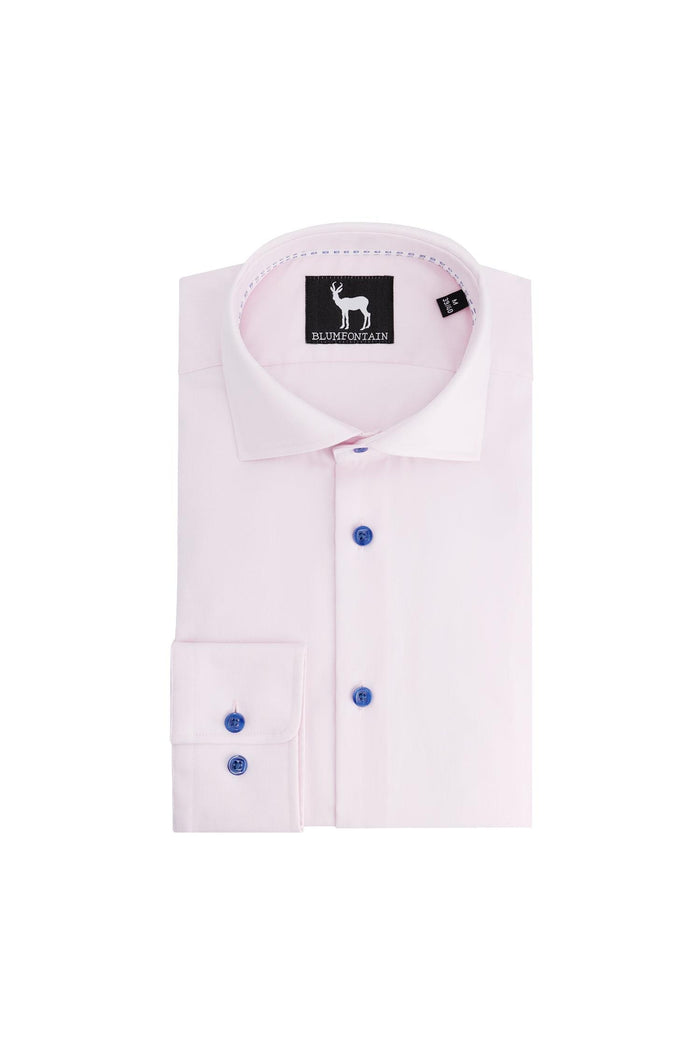 Blumfontain uni twill roze overhemd van 100% katoen met blauwe knopen, lange mouwen en klassiek kraag.