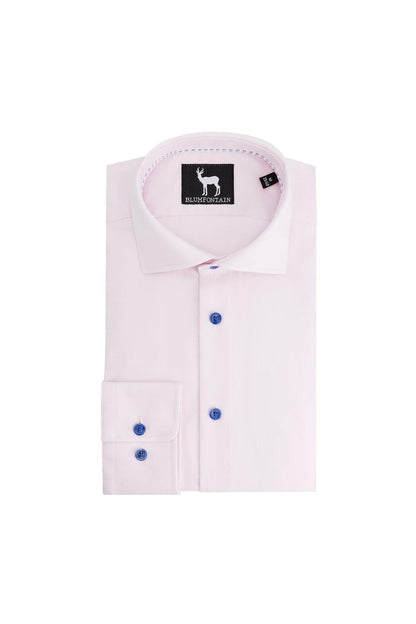 Blumfontain uni twill roze overhemd van 100% katoen met blauwe knopen, lange mouwen en klassiek kraag.