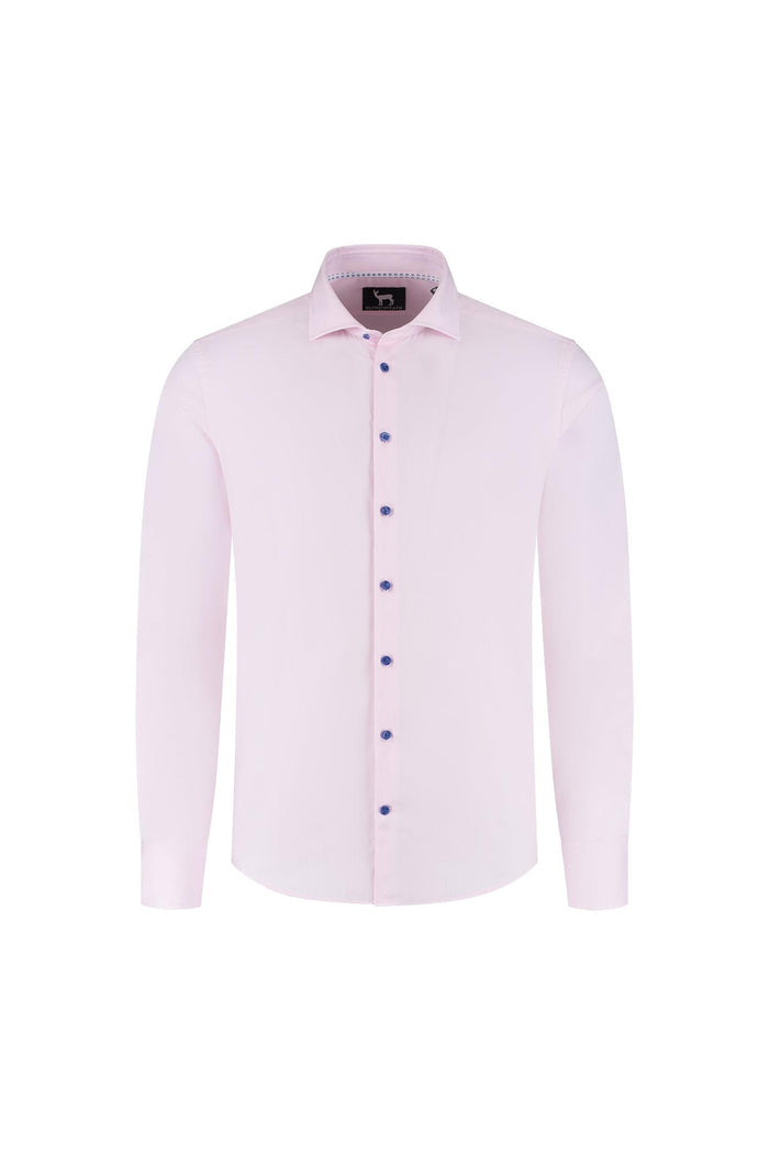 Blumfontain uni twill roze overhemd van 100% katoen met blauwe knopen en lange mouwen.