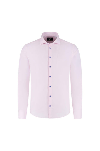 Blumfontain uni twill roze overhemd van 100% katoen met blauwe knopen en lange mouwen.