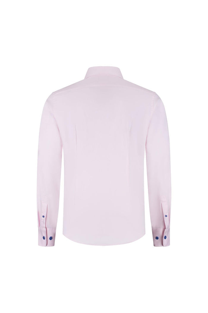Blumfontain uni twill roze achteraanzicht van katoen overhemd met blauwe knopen, formeel en casual inzetbaarheid.