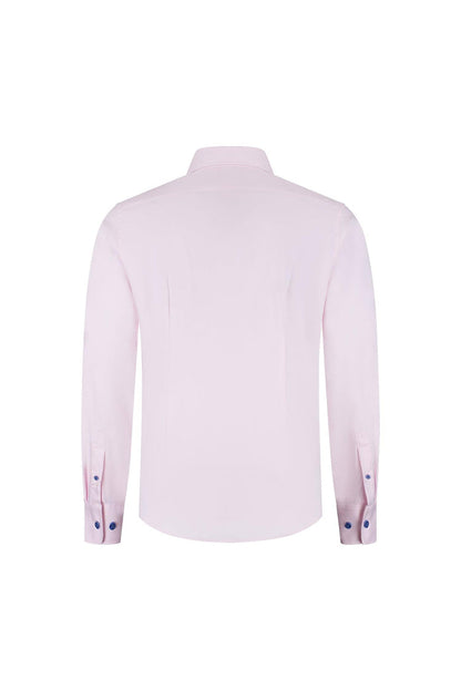 Blumfontain uni twill roze achteraanzicht van katoen overhemd met blauwe knopen, formeel en casual inzetbaarheid.