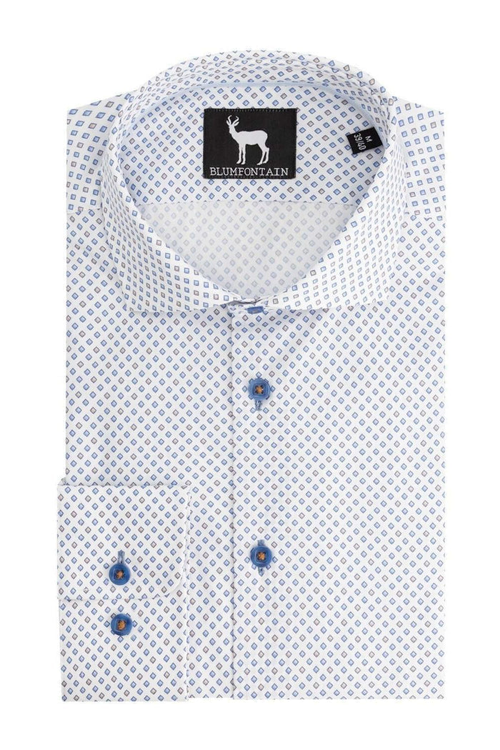 Blumfontain wieber print beige-blauw ademend katoenen overhemd met knopen in beige-blauwe print.