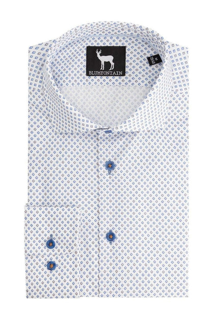 Blumfontain wieber print beige-blauw ademend katoenen overhemd met knopen in beige-blauwe print.