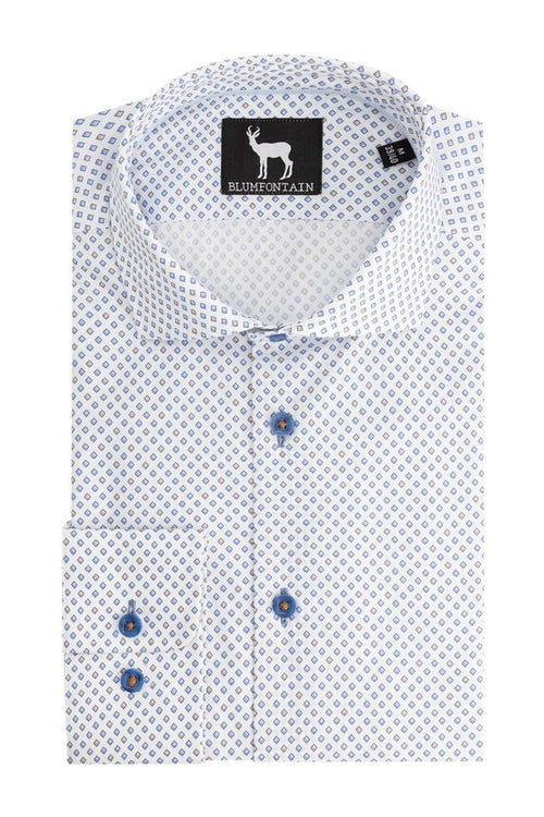 Blumfontain wieber print beige-blauw ademend katoenen overhemd met knopen in beige-blauwe print.