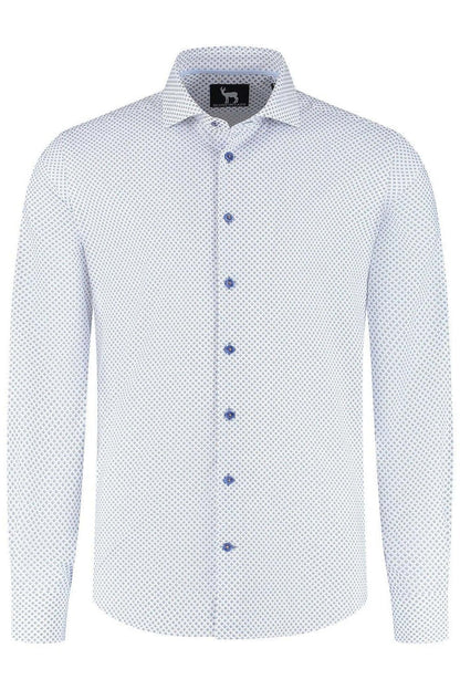 Blumfontain wieber print beige-blauw ademend katoenen overhemd met knopen en beige-blauwe wieberprint