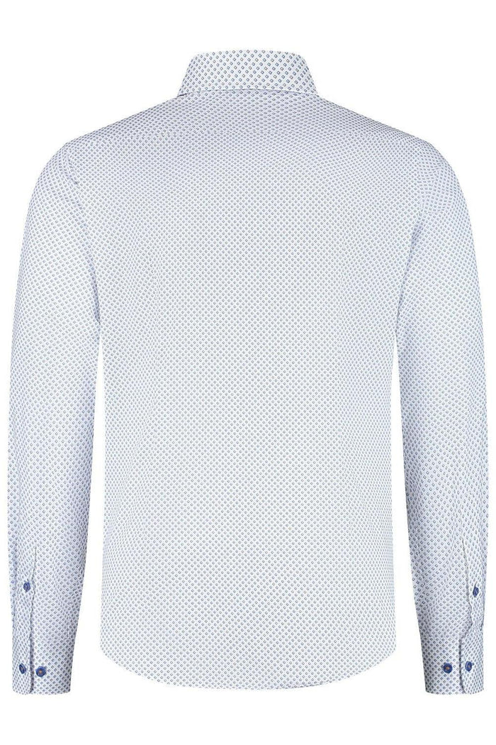 Blumfontain wieber print beige-blauw katoenen overhemd achterzijde met knopen en blauw-witte wieberprint.