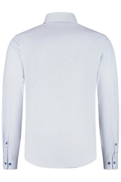 Blumfontain wieber print beige-blauw katoenen overhemd achterzijde met knopen en blauw-witte wieberprint.
