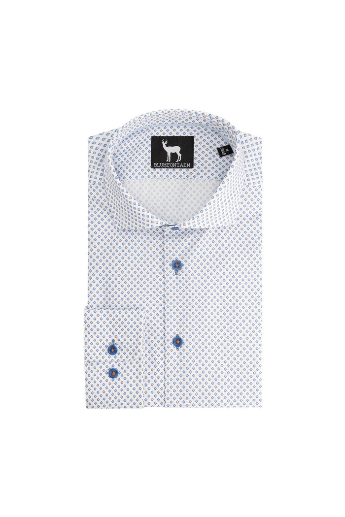 Blumfontain wieber print beige-blauw ademend katoenen overhemd met beige-blauwe wieberprint en knopen.