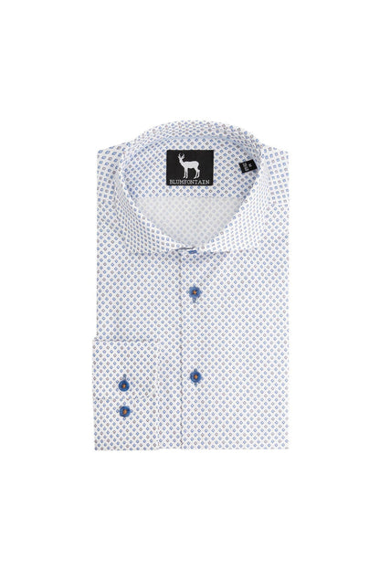 Blumfontain wieber print beige-blauw ademend katoenen overhemd met beige-blauwe wieberprint en knopen.