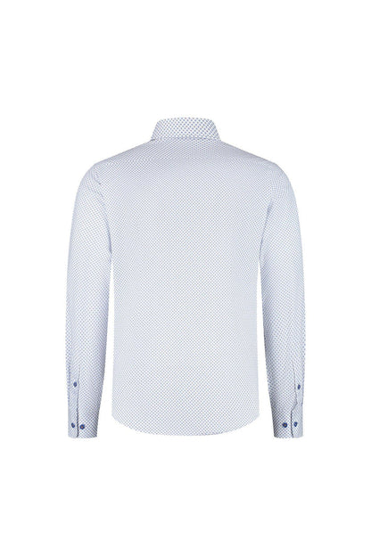 Achterkant van een ademend katoenen overhemd in beige-blauwe wieberprint van Blumfontain wieber print beige-blauw.