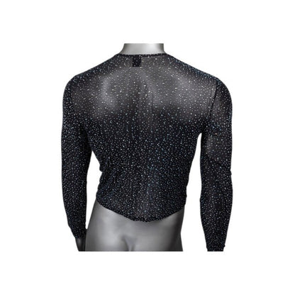 Bluză sexy bărbați CALEXOTICS Radiance Long Sleeve Shirt, design din plasă cu strasuri, negru, mărime universală (20-3)