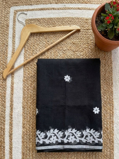 Indiehaat | Noil Kota Cotton Embroidery Saree Black