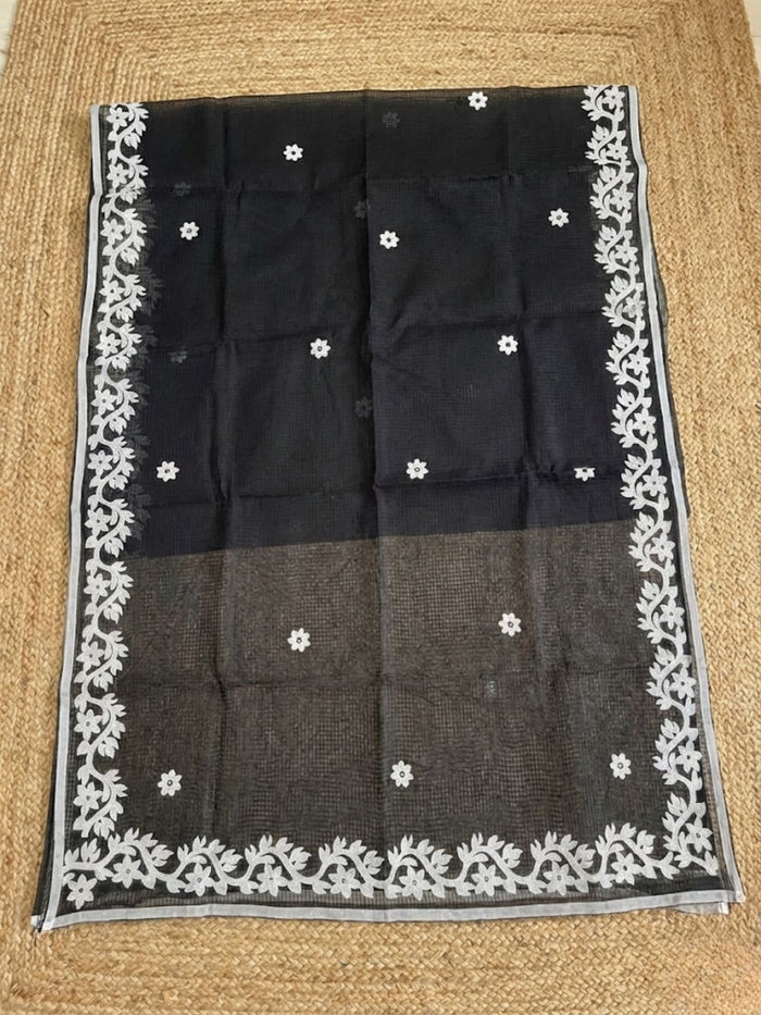 Indiehaat | Noil Kota Cotton Embroidery Saree Black