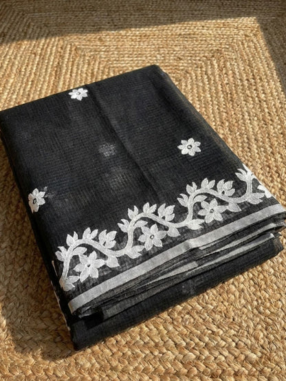 Indiehaat | Noil Kota Cotton Embroidery Saree Black