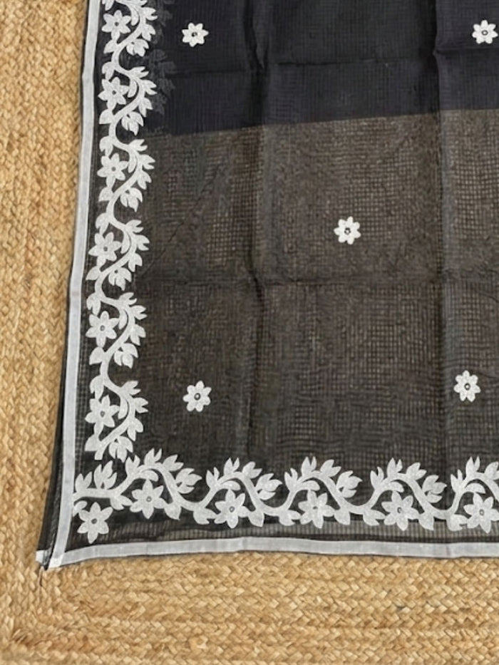 Indiehaat | Noil Kota Cotton Embroidery Saree Black