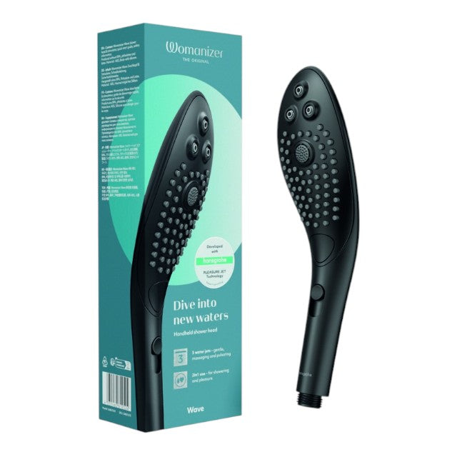 Cap de duș stimulator WOMANIZER Wave Black, pentru stimularea clitorisului, 3 tipuri de jet, 2 intensități, negru