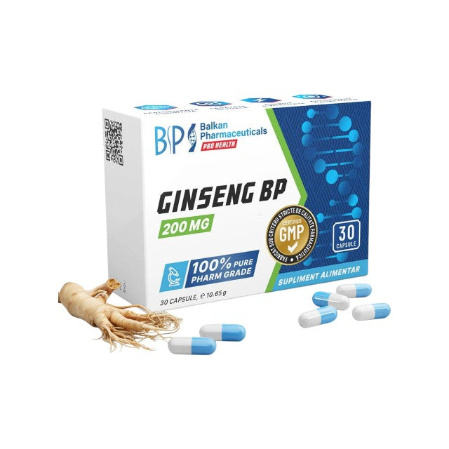 Capsule BALKAN PHARMACEUTICALS Ginseng BP 200 mg, unisex, pot susține libidoul, sănătatea sexuală și potența, 30 buc