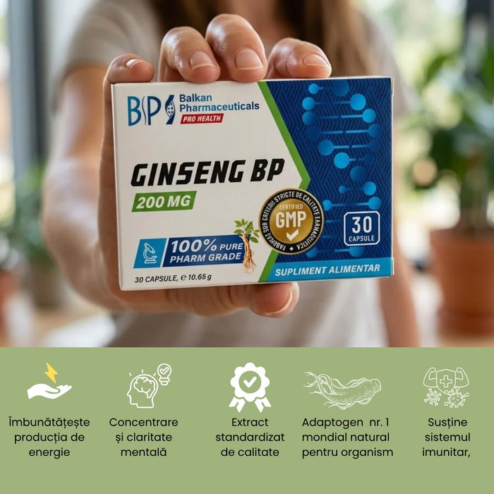 Capsule BALKAN PHARMACEUTICALS Ginseng BP 200 mg, unisex, pot susține libidoul, sănătatea sexuală și potența, 30 buc