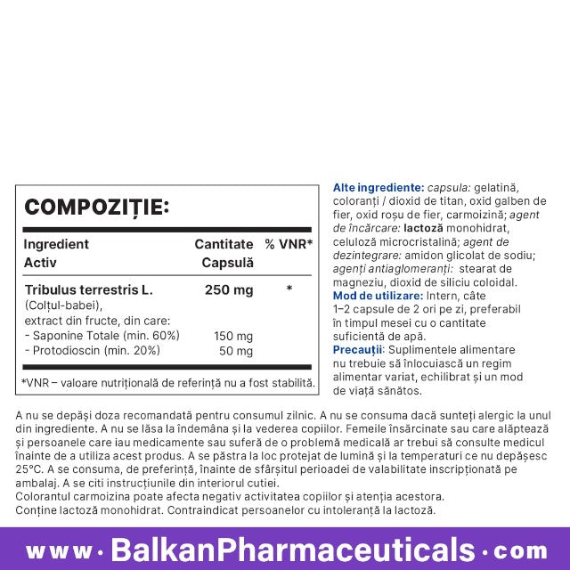 Capsule BALKAN PHARMACEUTICALS TriBull 250 mg, pentru performanță sexuală, cu Tribulus Terrestris, 60 buc