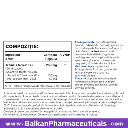 Capsule BALKAN PHARMACEUTICALS TriBull 250 mg, pentru performanță sexuală, cu Tribulus Terrestris, 60 buc