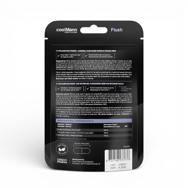 Capsule COOLMANN Flush, pentru stimularea tranzitului intestinal, bogat în fibre, complex de clorofilină de cupru, 60 buc