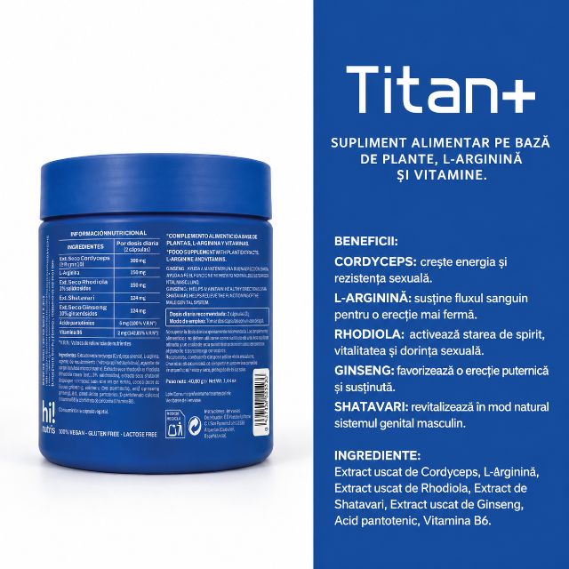 Capsule HI! NUTRIS Titan+ Testo Booster, pentru stimularea erecției, potență și libido, cu L-Arginină și Shatavari, 60 buc