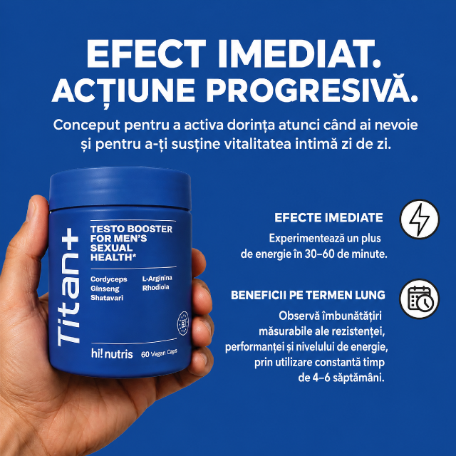 Capsule HI! NUTRIS Titan+ Testo Booster, pentru stimularea erecției, potență și libido, cu L-Arginină și Shatavari, 60 buc