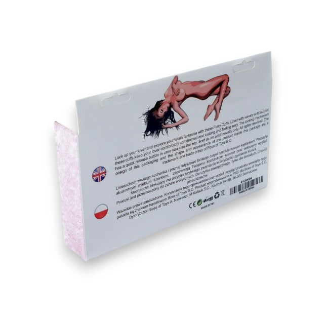 Cătușe pufoase B-SERIES Furry Cuffs, pentru jocuri erotice BDSM, din metal cu blană artificială, culoare roz cu argintiu