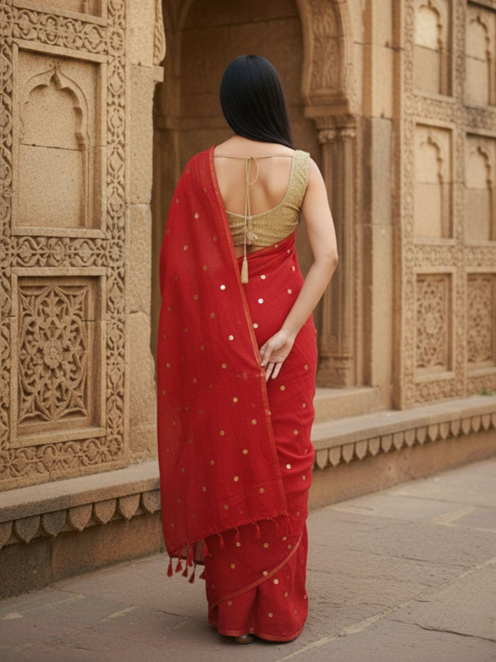 Indiehaat | Pure Mul Cotton Sequin Saree Red