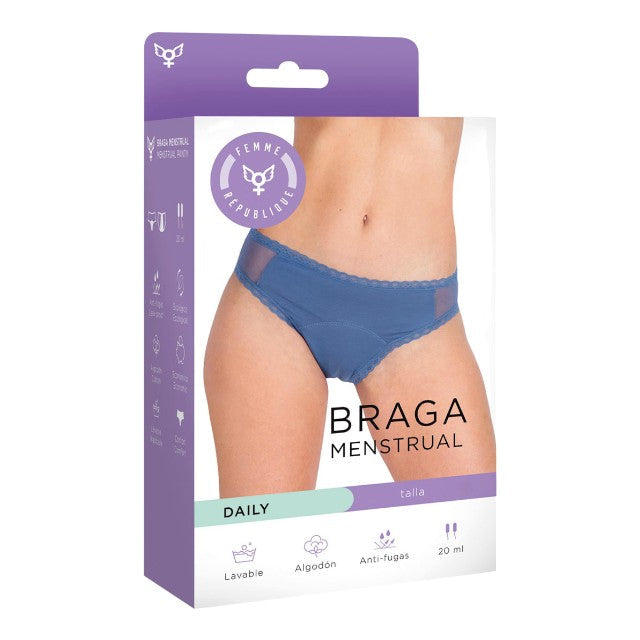 Chilot menstrual FEMME RÉPUBLIQUE Braga Menstrual Daily, cu segmente din plasă pe șolduri, mărime XL, albastru