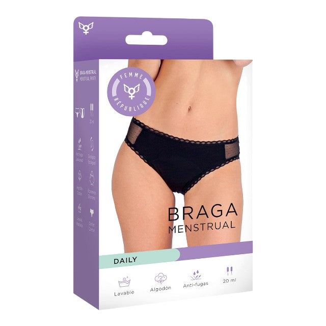 Chilot menstrual FEMME RÉPUBLIQUE Braga Menstrual Daily, cu segmente din plasă pe șolduri, mărime L, negru