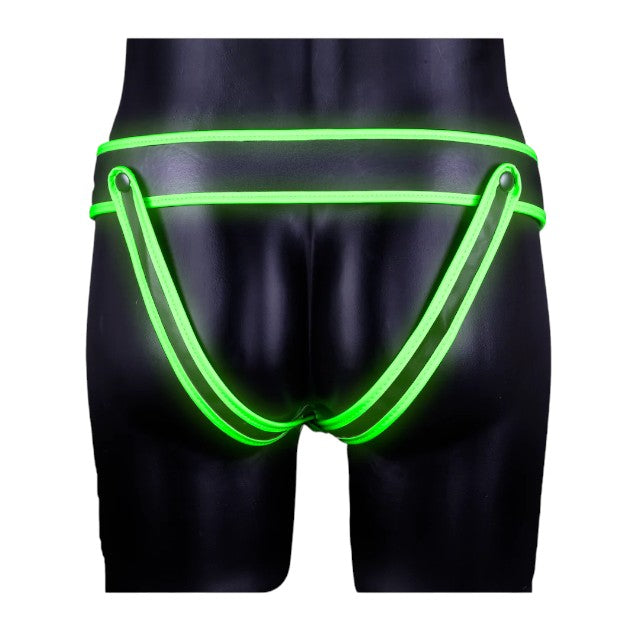 Chilot sexy bărbați OUCH! Striped Jockstrap Glow In The Dark, cu benzi subțiri pe fese, negru cu verde fosforescent, L/XL