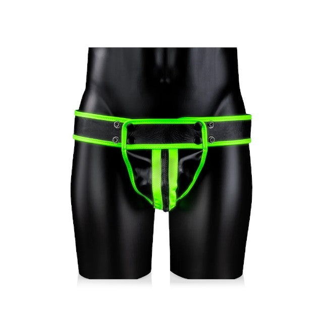 Chilot sexy bărbați OUCH! Striped Jockstrap Glow In The Dark, cu capse, negru cu verde fosforescent, mărime S/M