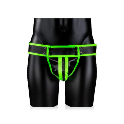 Chilot sexy bărbați OUCH! Striped Jockstrap Glow In The Dark, cu capse, negru cu verde fosforescent, mărime L/XL