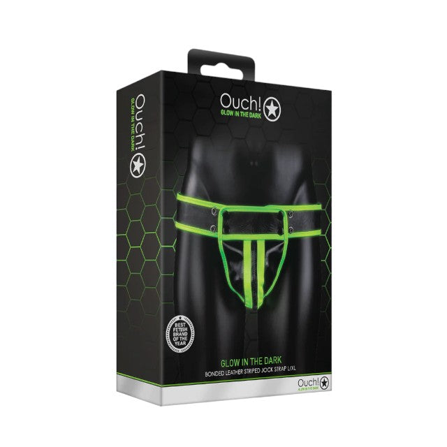 Chilot sexy bărbați OUCH! Striped Jockstrap Glow In The Dark, cu capse, negru cu verde fosforescent, mărime S/M