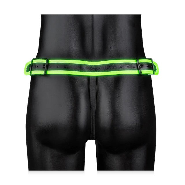 Chilot sexy bărbați OUCH! Striped Jockstrap Glow In The Dark, cu capse, negru cu verde fosforescent, mărime L/XL