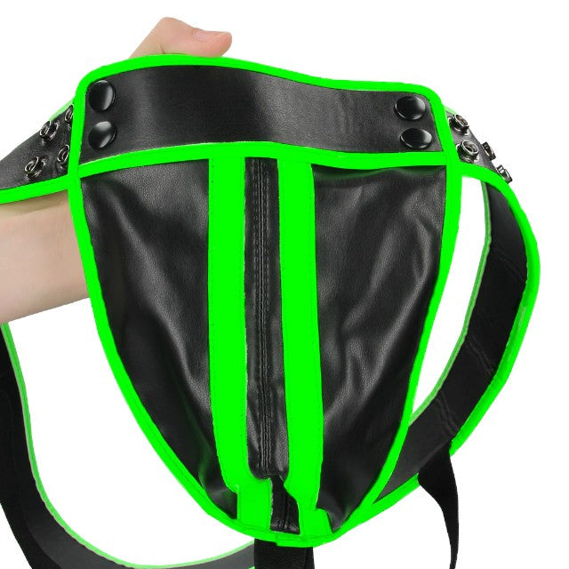 Chilot sexy bărbați OUCH! Striped Jockstrap Glow In The Dark, cu capse, negru cu verde fosforescent, mărime L/XL