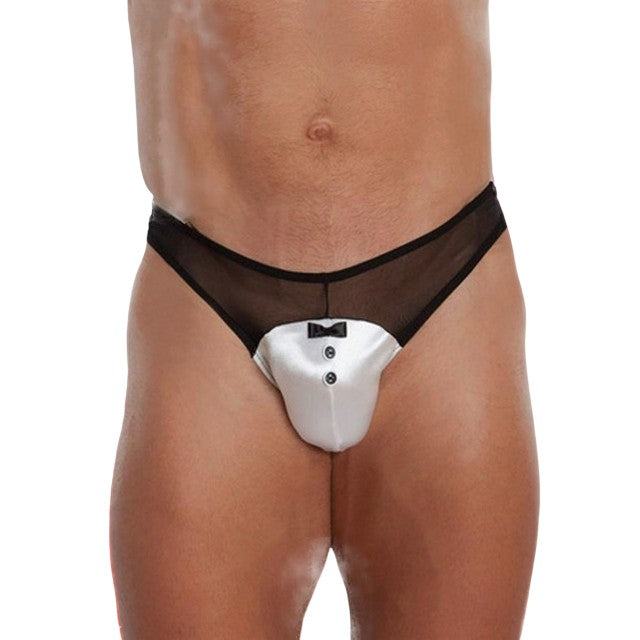 Chilot sexy bărbați SOFTLINE Thong 4467, cu design tuxedo cu papion, din plasă și satin, negru cu alb, mărime M/L