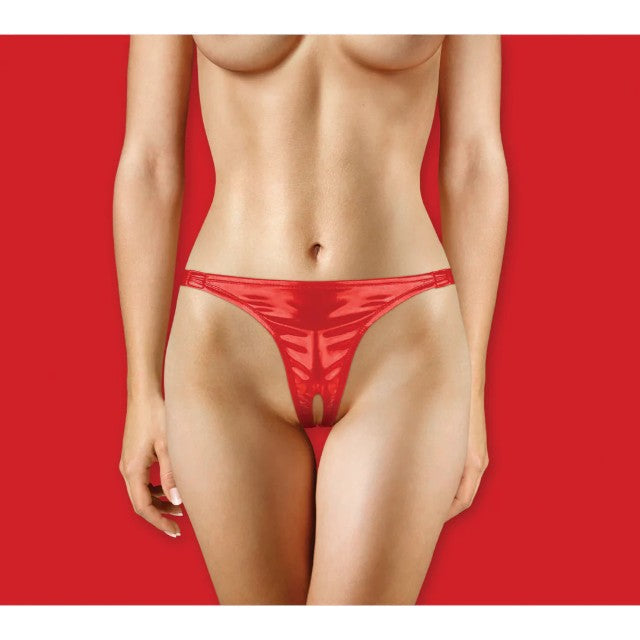 Chilot sexy cu vibrator OUCH! Adjustable Panty, design crotchless cu material lucios, mărime ajustabilă, culoare roșu