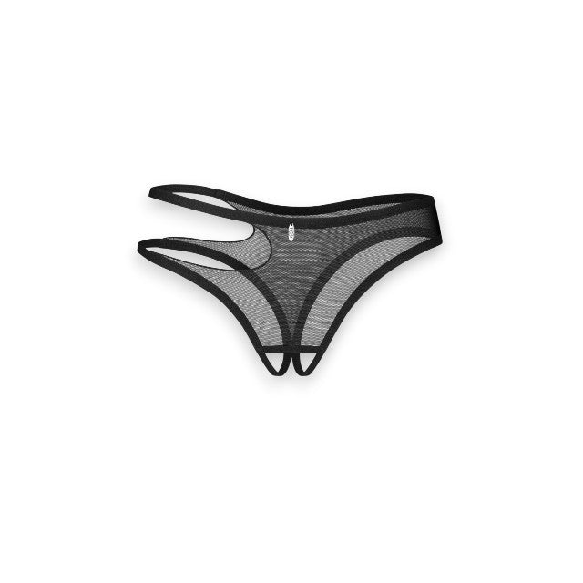 Chilot sexy tanga OBSESSIVE Saturis Crotchless, din plasă transparentă, cu decupaj la șold, culoare negru, mărime S/M