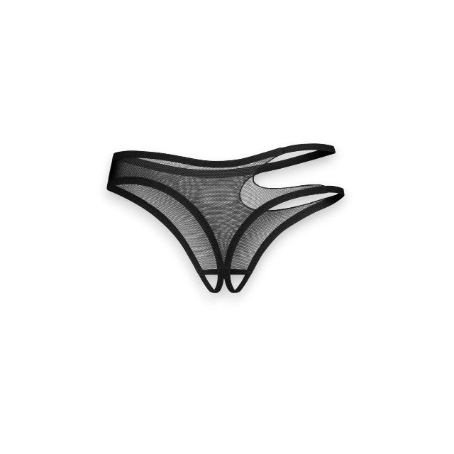 Chilot sexy tanga OBSESSIVE Saturis Crotchless, din plasă transparentă, cu decupaj la șold, culoare negru, mărime S/M